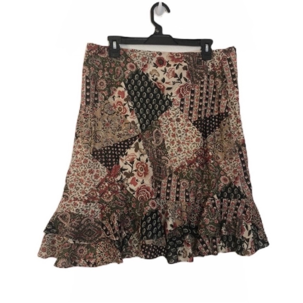 Chaps White Tan Black Patterned Patchwork Mini Skirt
